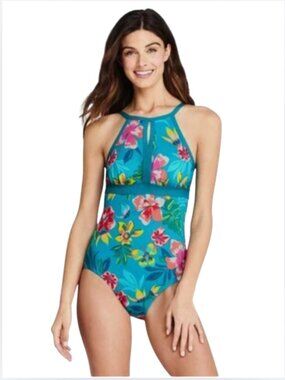 Lands' End Aqua Floral Halter-Style One-Piece Swimsuit, Size 12L